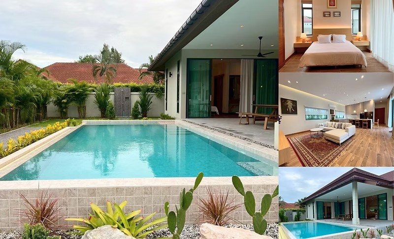 Вечерний вид готовой виллы с подсветкой бассейна